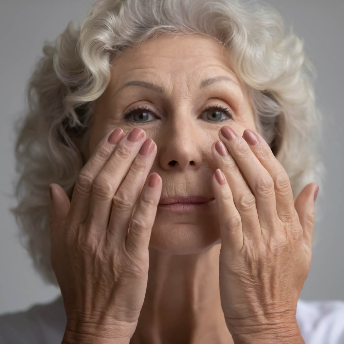 Old woman touching face
